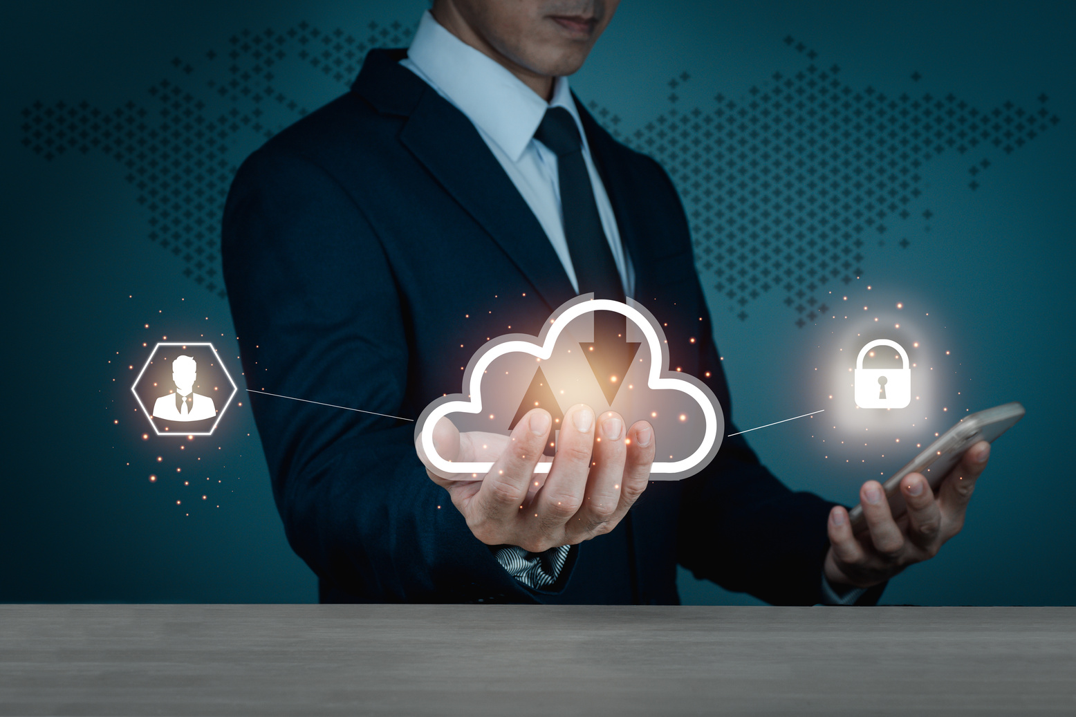 3d Man in Suit Holding a Cloud and a Smartphone 